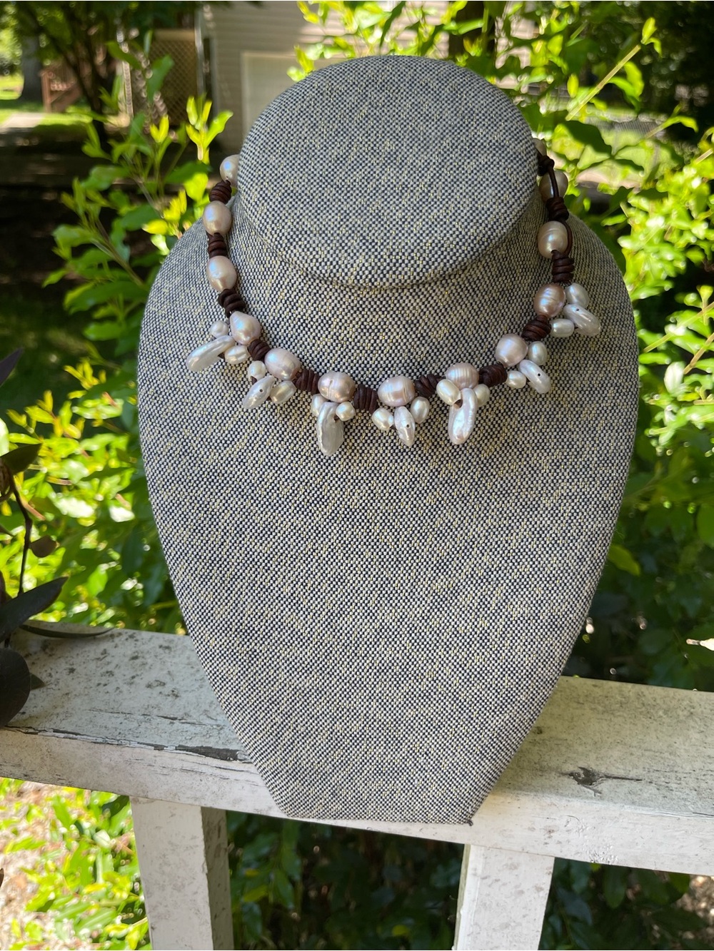 Hand Crafted Freshwater Pearl and Brown Leather Cord Choker Necklace